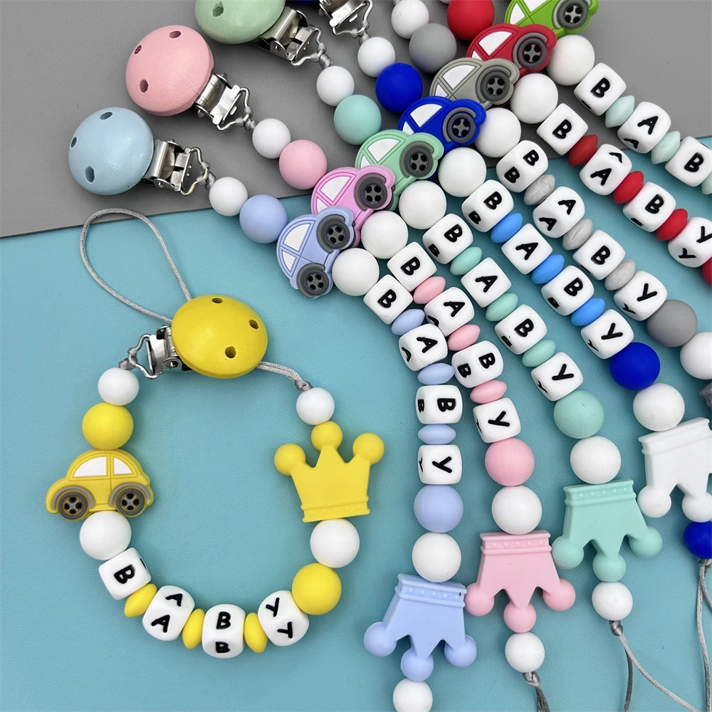 Personalized English Russian Alphabet Names Baby Car Clips Pacifier Holder Chains Teether Pendants Baby Accessories Kawaii Gift