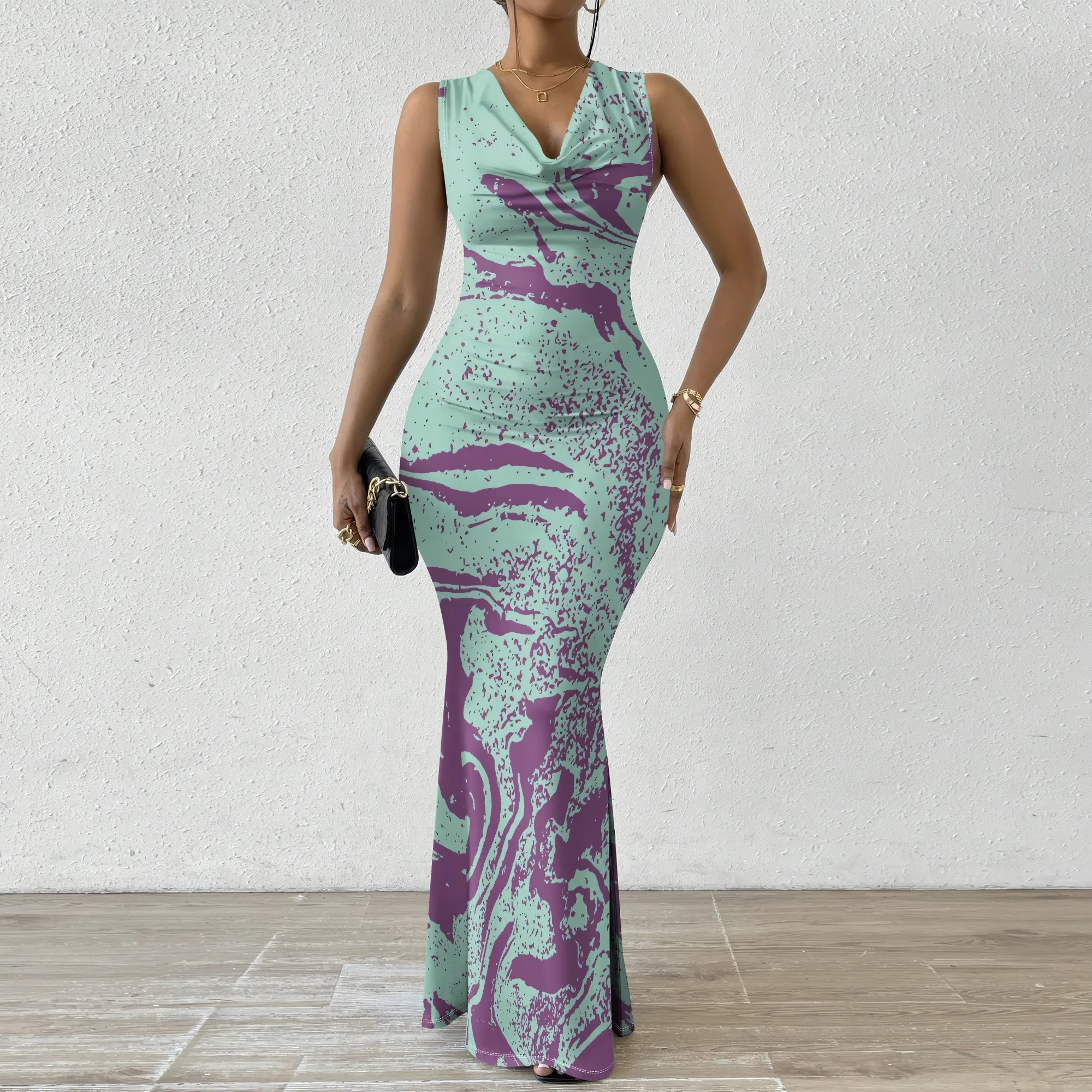 

Women's V-Neck Sleeveless Maxi Dress Green Purple Marble Abstract Print Summer Bodycon Dress
