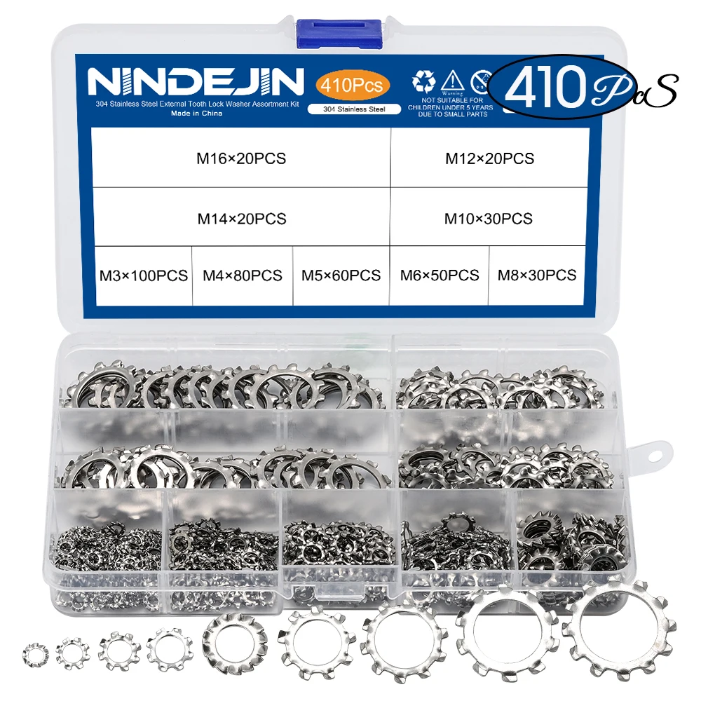 NINDEJIN 410pcs/set external tooth lock washer assortment kit 304 stainless steel m3 m4 m5 m6 m8 m10 star lock washer DIN6797A