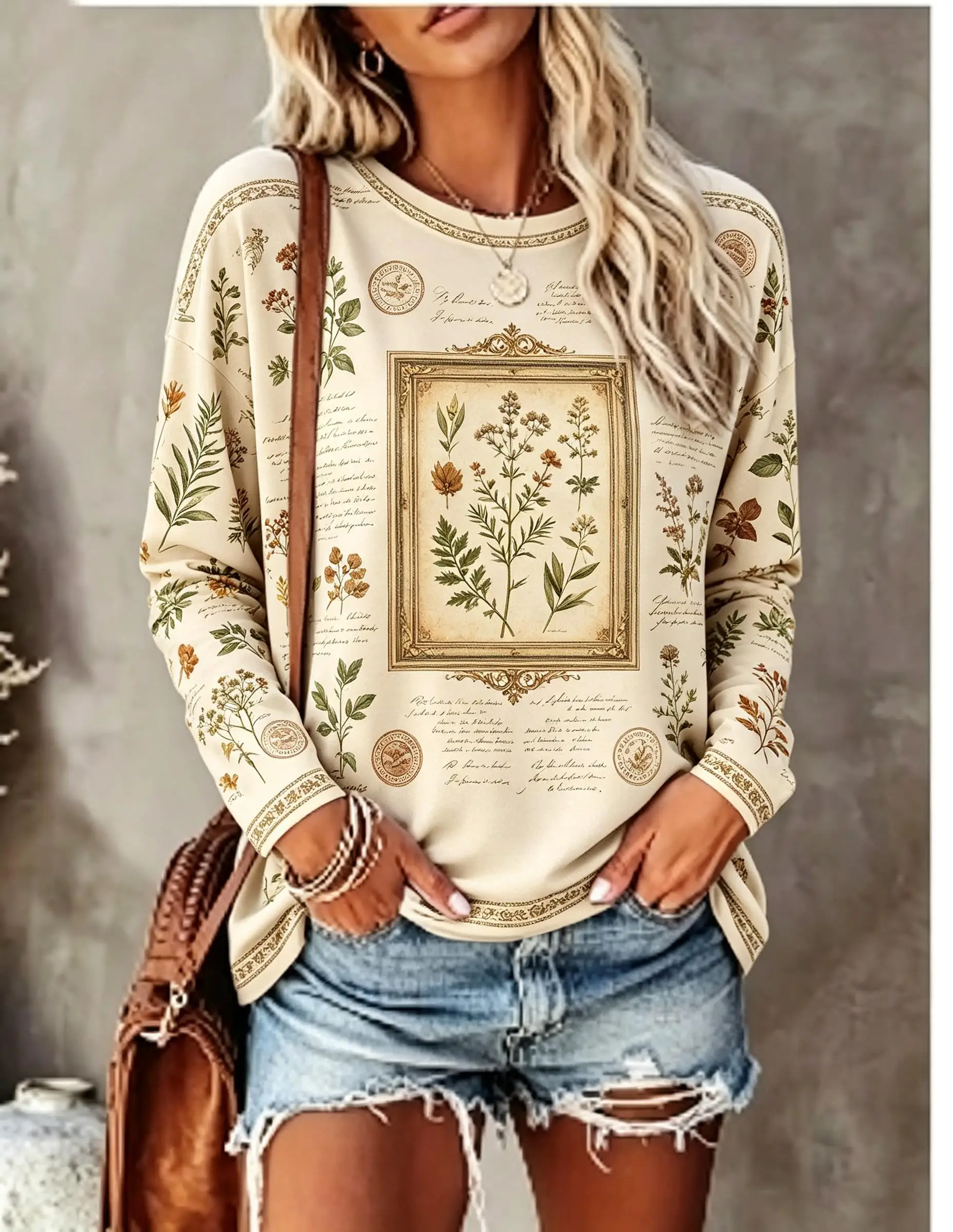 Women Long Sleeve T‑Shirt Vintage Botanical Mushroom Chart Print Bohemian Crew Neck Casual Fall Winter Tops