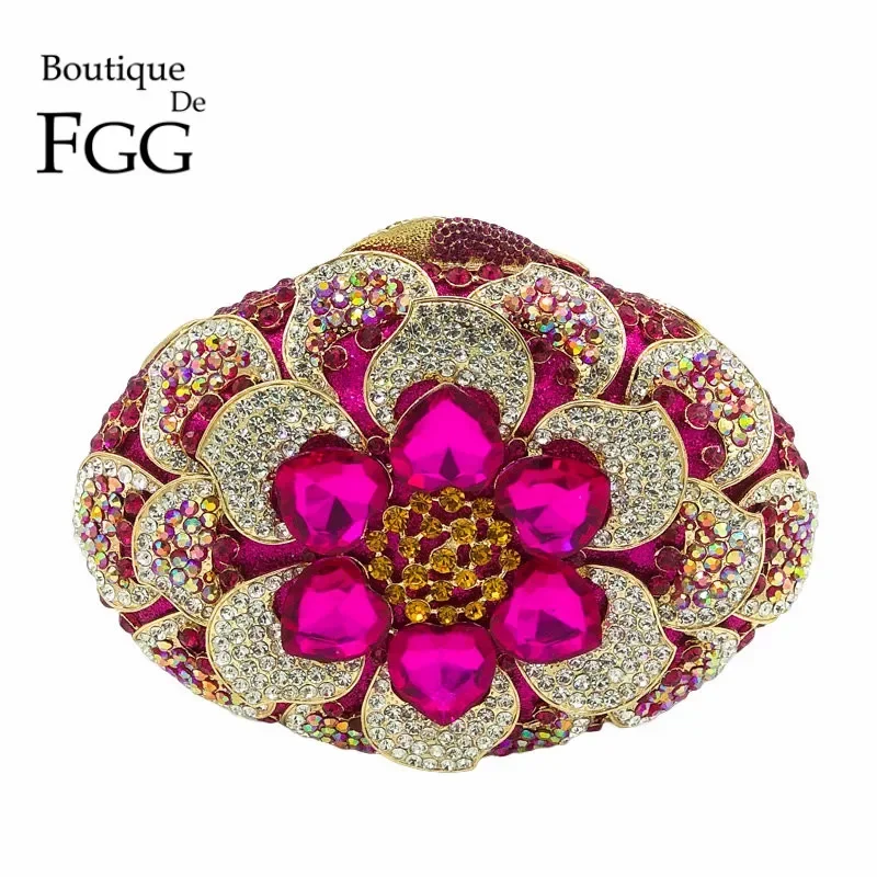 

Boutique De FGG (in stock) Fuchsia Pink Women Crystal Clutch Purse Flower Rhinestone Evening Minaudiere Bag Bridal Party Handbag