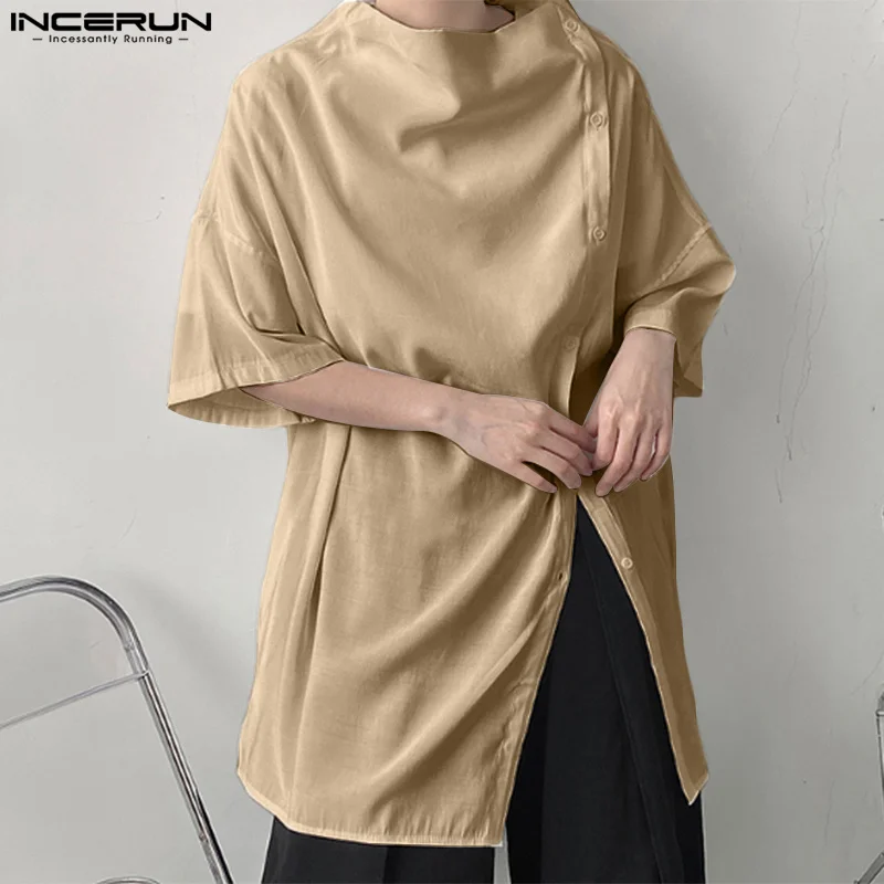 INCERUN Tops 2024 Summer Men's Shirts Side Placket Mid Length Shirts Casual Irregular Loose Half Sleeved Solid Blouse S-5XL Tee