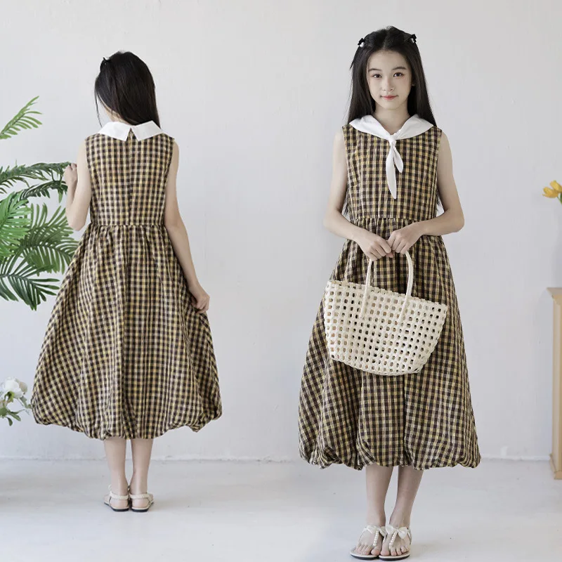 

Платье для девочек 2026: Новое летнее простое клетчатое платье-майка для старших детей, длинное платье для учениц средней школы