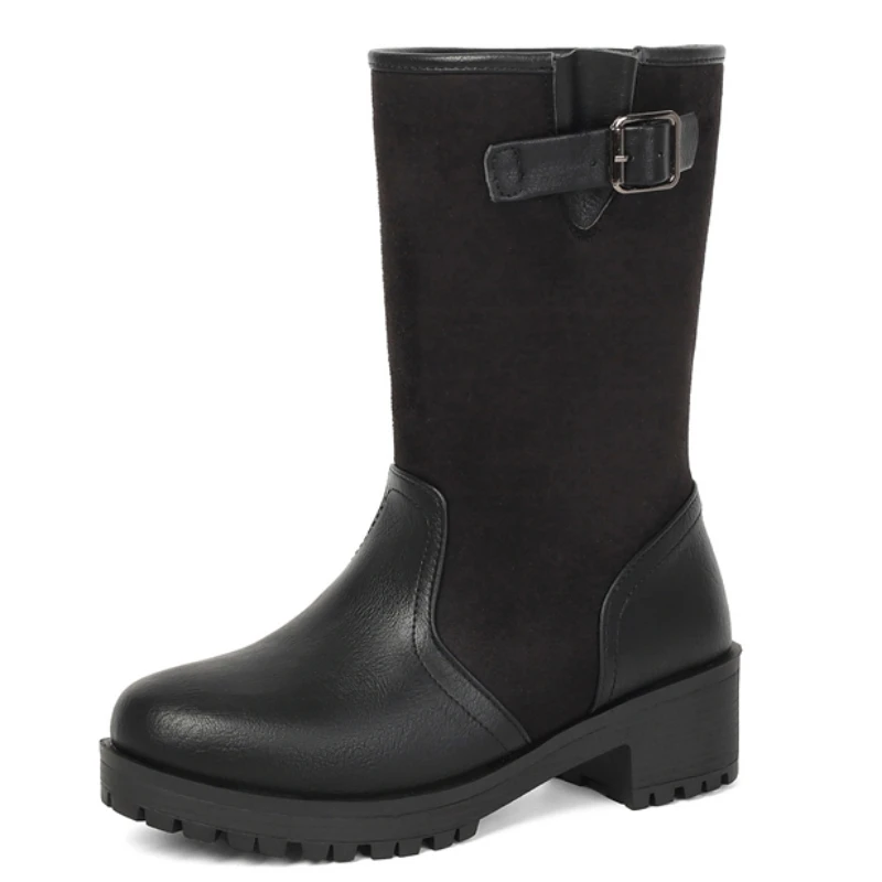 Fashion Black Mid-calf Boots for Women Winter Shoes Elegant Round toe Low Heels Buckle Women's Short Boot Black Large Size 45