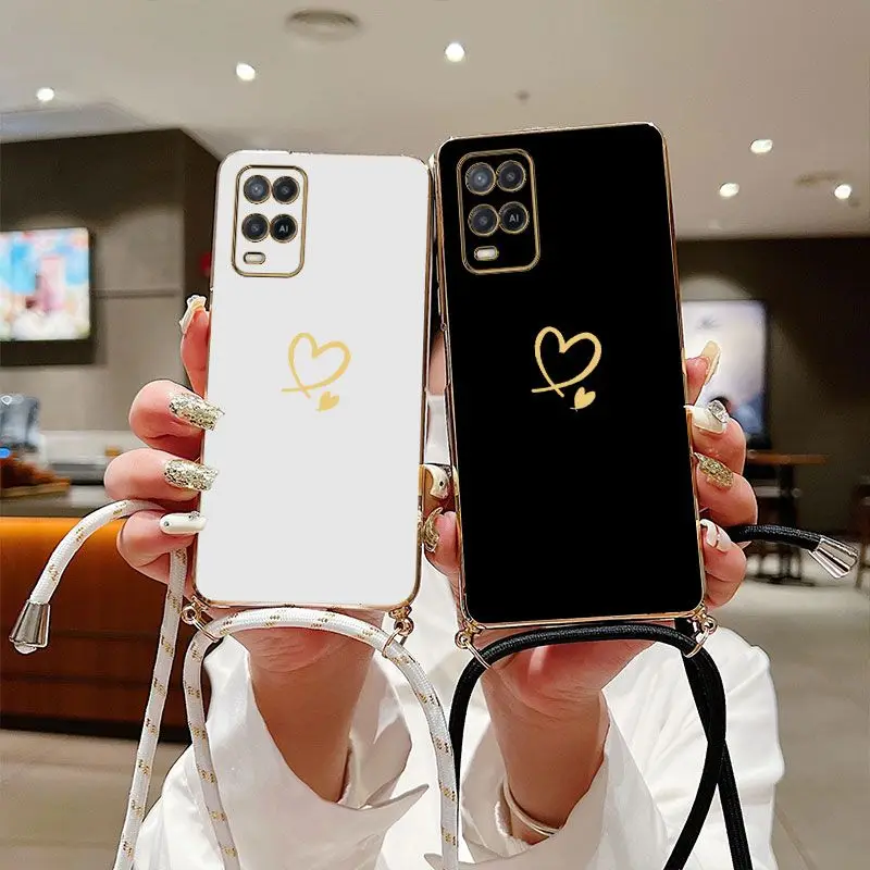 

Sweet Hearts Crossbody Lanyard Silicone Phone Case For Oppo A15 A15S A16 A16K A54 A55 A92A76 A77 A78 A53 A94 A95 A83 F19 Cover