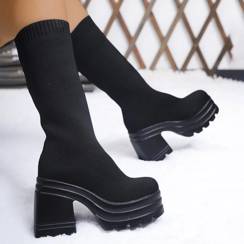 Large Size Women's Shoes Fashionable Long Boots with Thick Soles Square Heels Thin and Slim Sleeves Elastic High Heels Long Boot