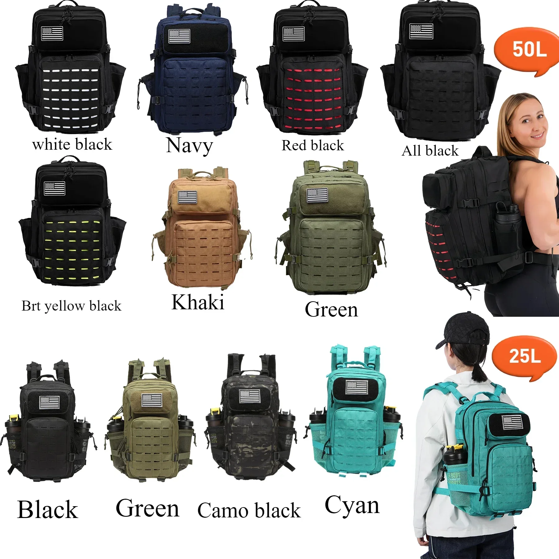 25L/50L Waterproof with 2 Bottle Holders Backpack Gym Outdoor Travel Hiking Fishing Trekking Backpacks 13inch Laptop Bag