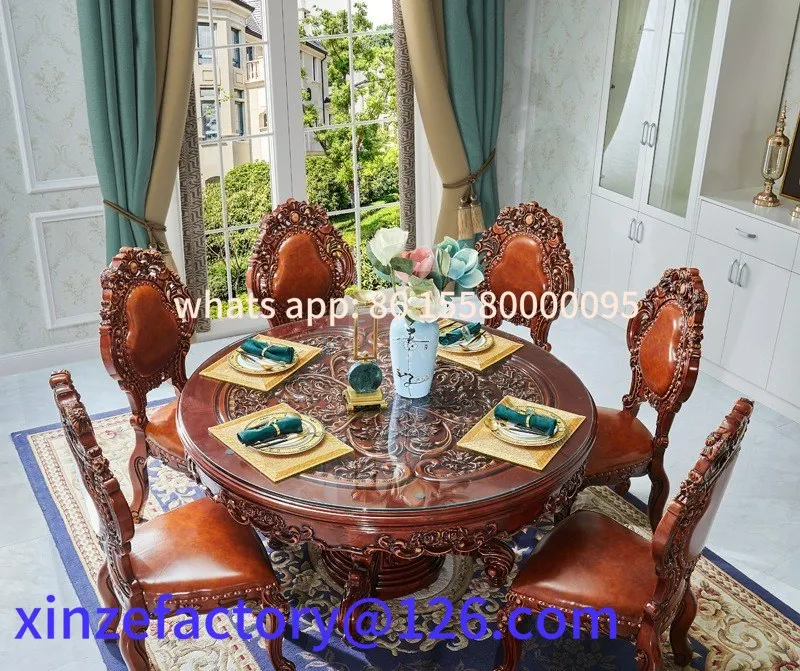 

Customizable European round dining table solid wood leather