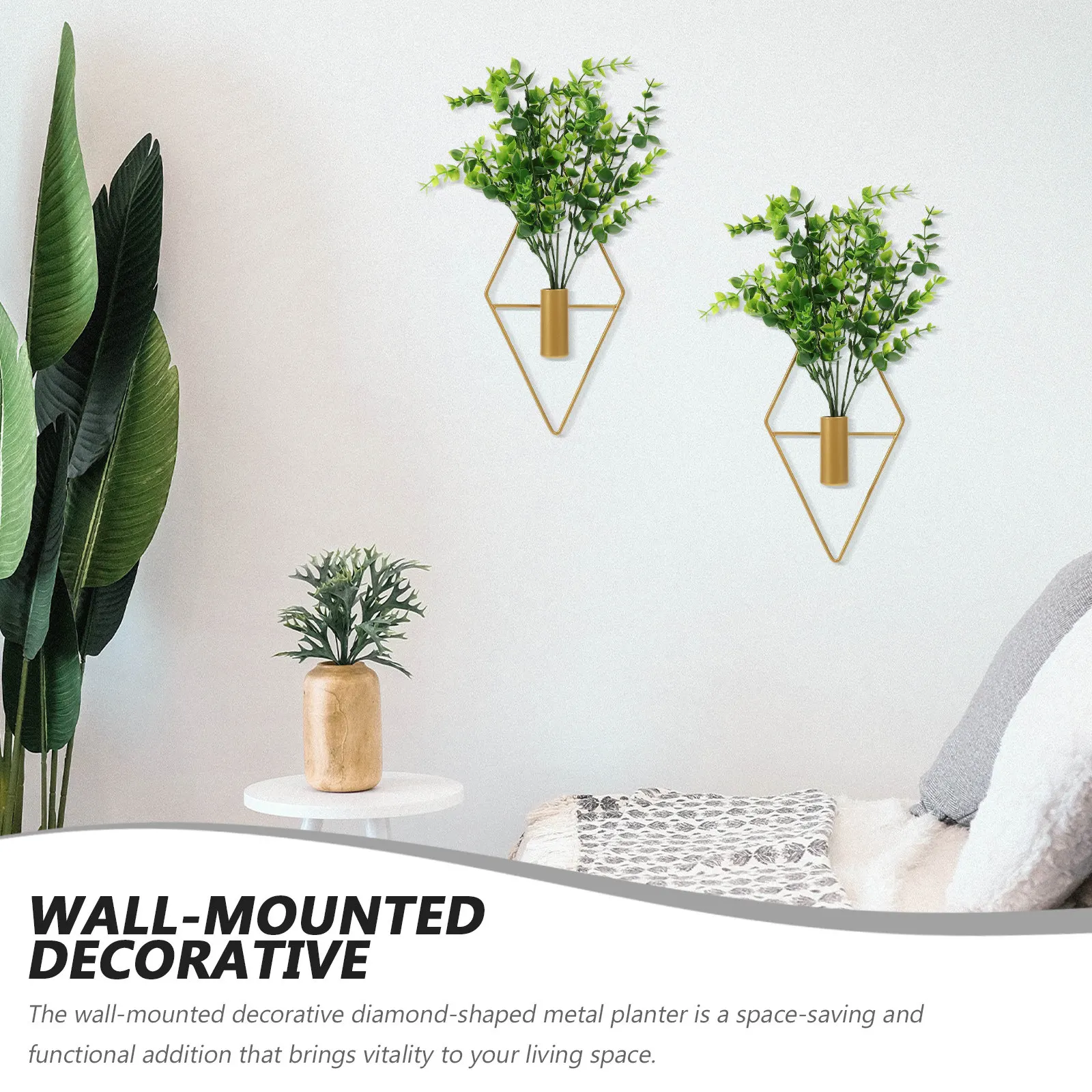 2Sets Diamond Geometry Wall Hanging Metal Flower Vase Set Space Saving Indoor Outdoor Wall Planter for Dry Flowers Real Plants