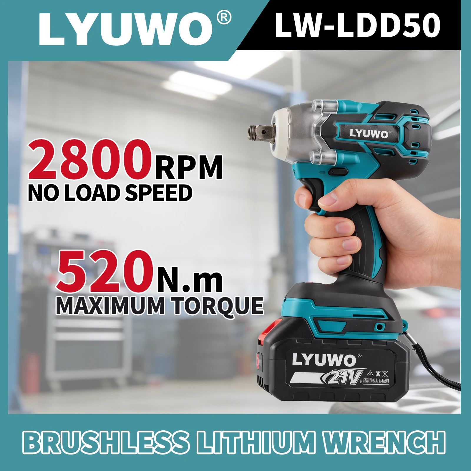 

LYUWO 520N.m Cordless Impact Wrench High Torque Brushless Electric Wrench 18V Auto Repair Tools for Makita 18V Battery
