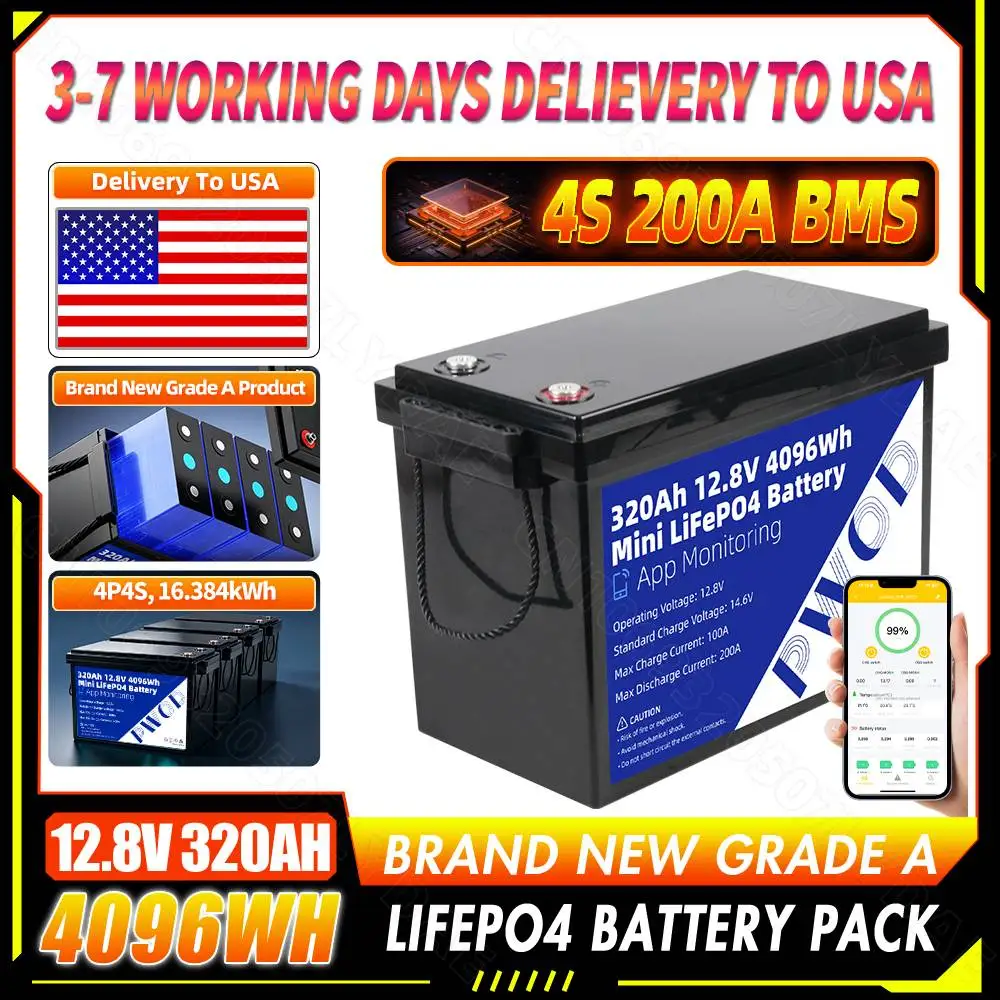 12v 320ah 300ah APP Control Lifepo4 Battery 12.8v 3860wh 4096wh Lithium Iron Phosphate Cells Pack for Camping Boats Solar Energy Storage RV EV