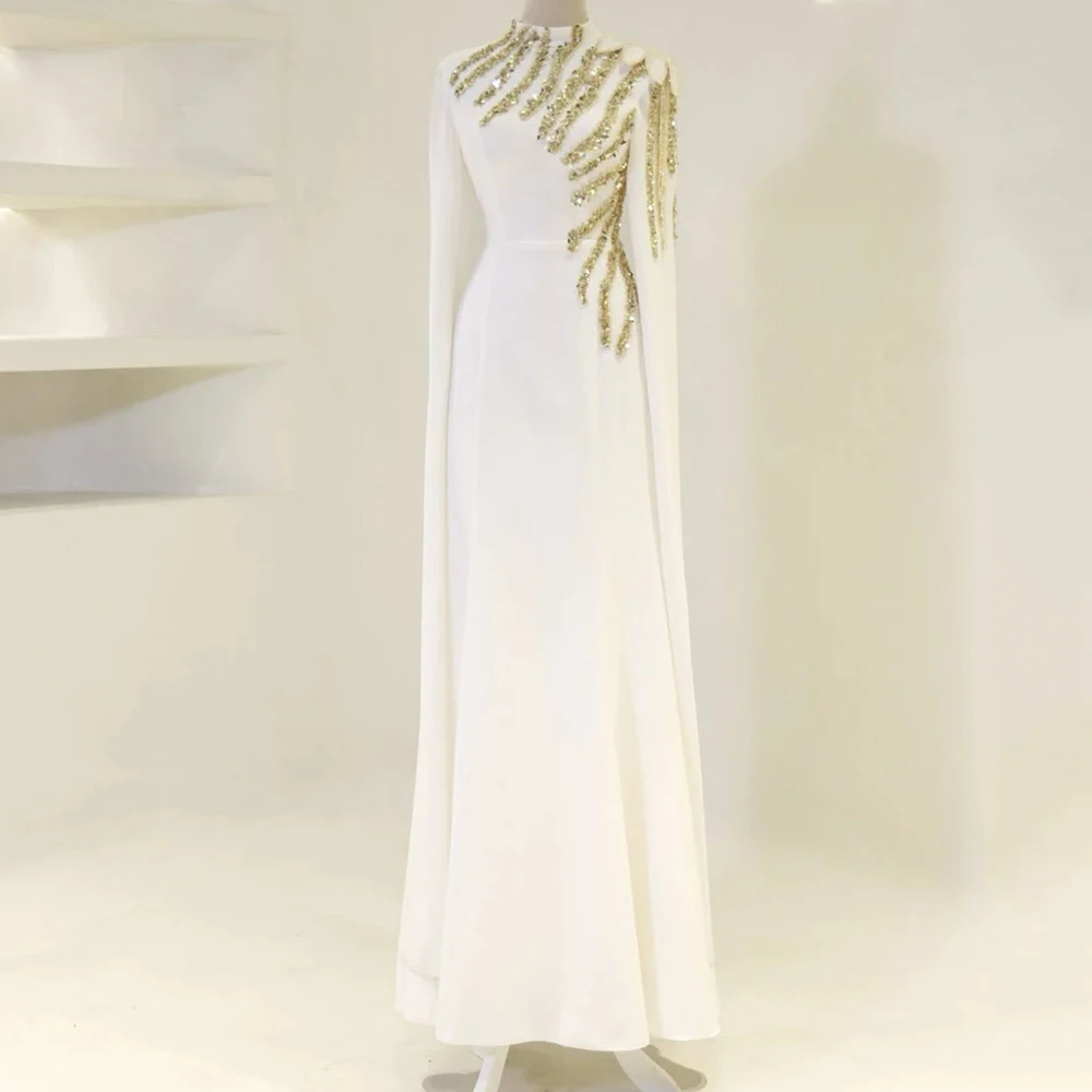 

Customized A-line Evening Dresses Floor-length High-neck Full Sleeve Prom Gown Fashion Sequined Simple Draped Party Gown