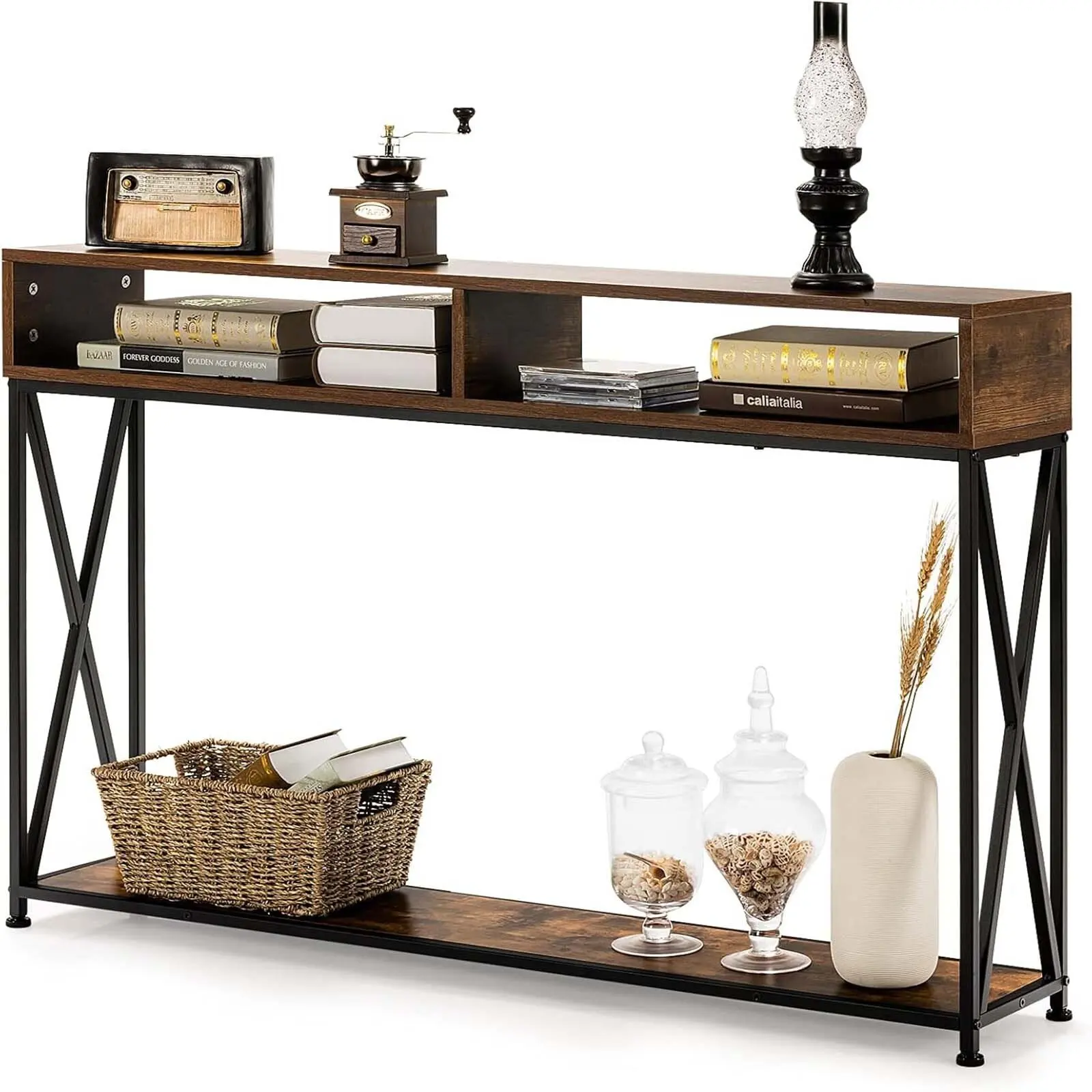 Mesa consola de 2 niveles con compartimentos abiertos, mesa de pasillo, mesa auxiliar para entrada, 120 x 23 x 79 cm (marrón)