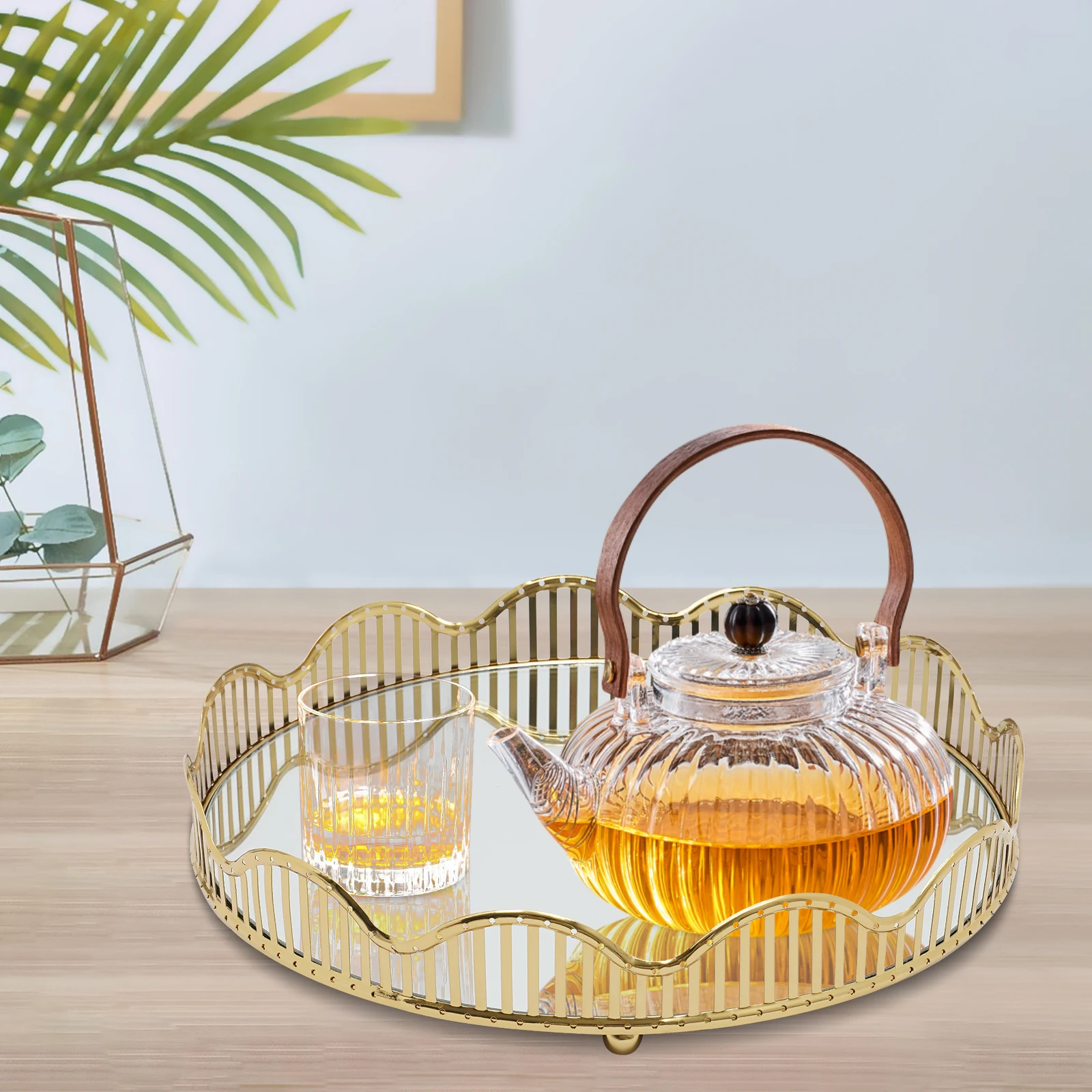 

Curve Gold Glass Mirror Centerpieces Perfume Holder Decorative Organizer Storage Tray for Dresser Coffee Bedroom Living Room