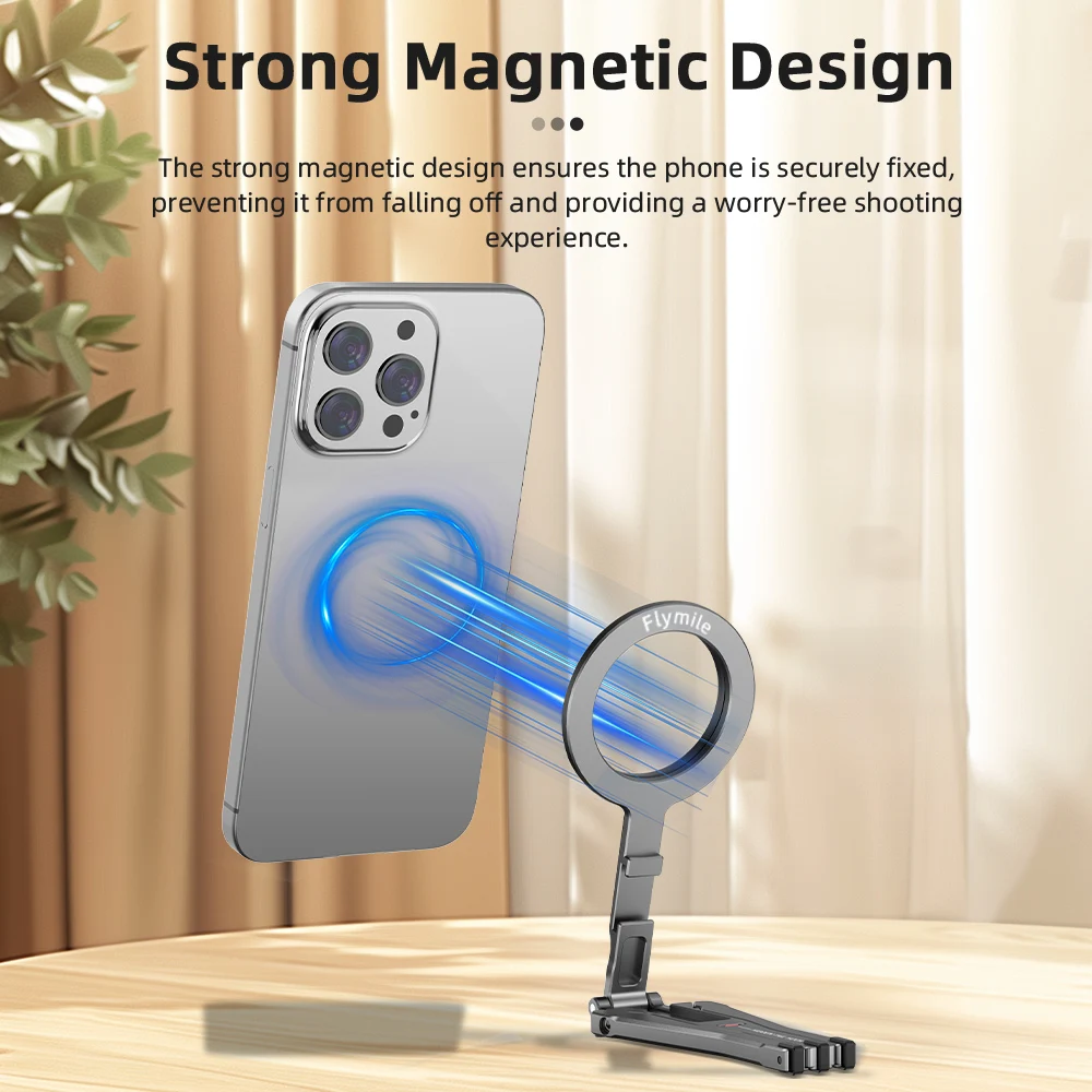 Flymile Magnetic Selfie Stick Tripod for iPhone 16 15 14 13 12 Pro Max Phone Foldable Tripod 1/4" Holes Compatible with MagSafe