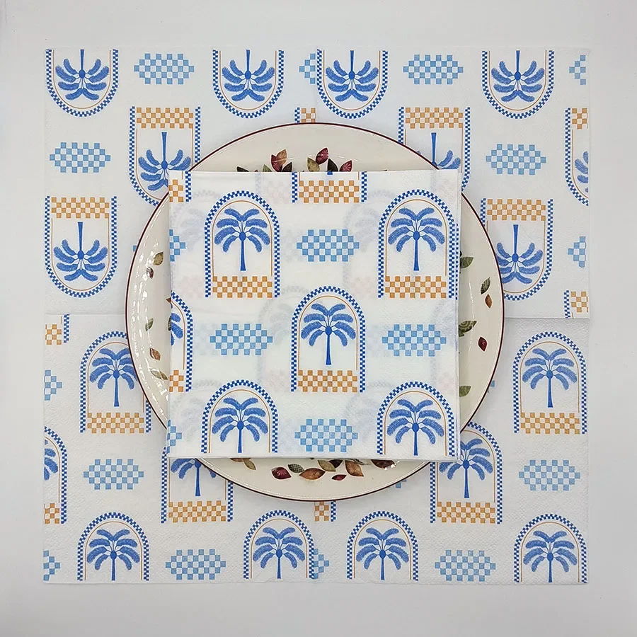 20pcs 33cm Ramadan Themed Colored Napkins, Native Wood Pulp, Blue Palm Tree Decorative Paper Placemats, DIY Decoupage Paper