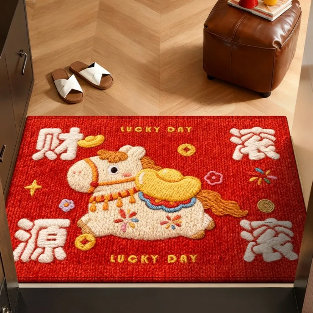 พรมเช็ดเท้าลายม้า ทอเนื้อผ้าพิเศษ ซึมซับน้ำเร็ว ลายการ์ตูน ปีใหม่ 2026 กันลื่น ใช้งานสะดวก นุ่มสบาย พรมเช็ดเท้าลายม้า ปีใหม่จีน