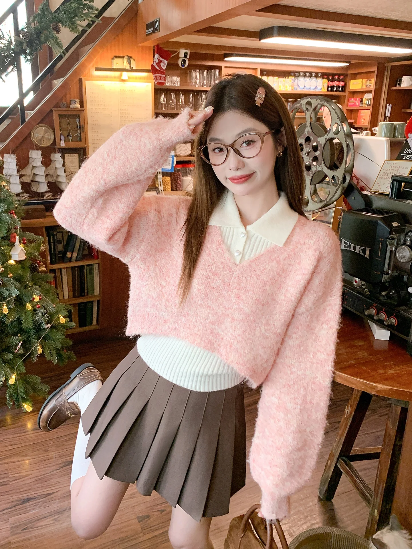 

Розовый вязаный свитер для женщин, осенне-зимний новый комплект из двух предметов, удобный свободный топ в корейском стиле