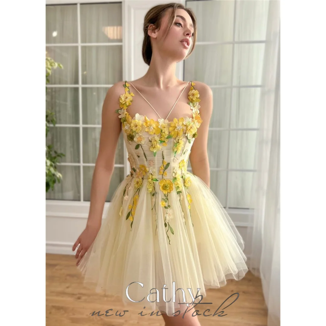 

Cathy Yellow Flower Appliques Prom Dresses Spaghetti Strap Tulle Mini فساتين السهرة Lace-up Back Sweet vestidos verano moda 2024