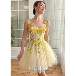 Cathy Yellow Flower Appliques Prom Dresses Spaghetti Strap Tulle Mini فساتين السهرة Lace-up Back Sweet vestidos verano moda 2024