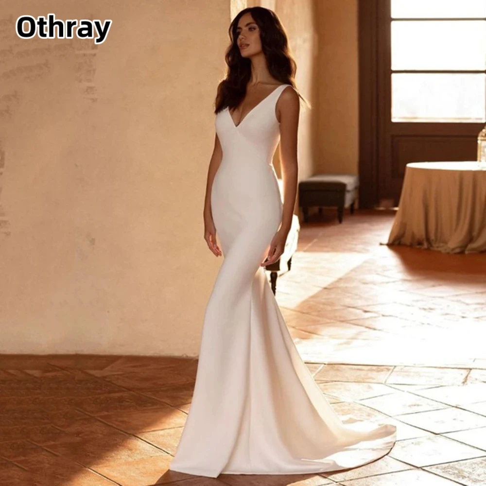 

Othray Boho Satin V-Neck Wedding Dress Sleeveless Illusion Backless Sexy Mermaid Bride Gown Button Train vestido de novia