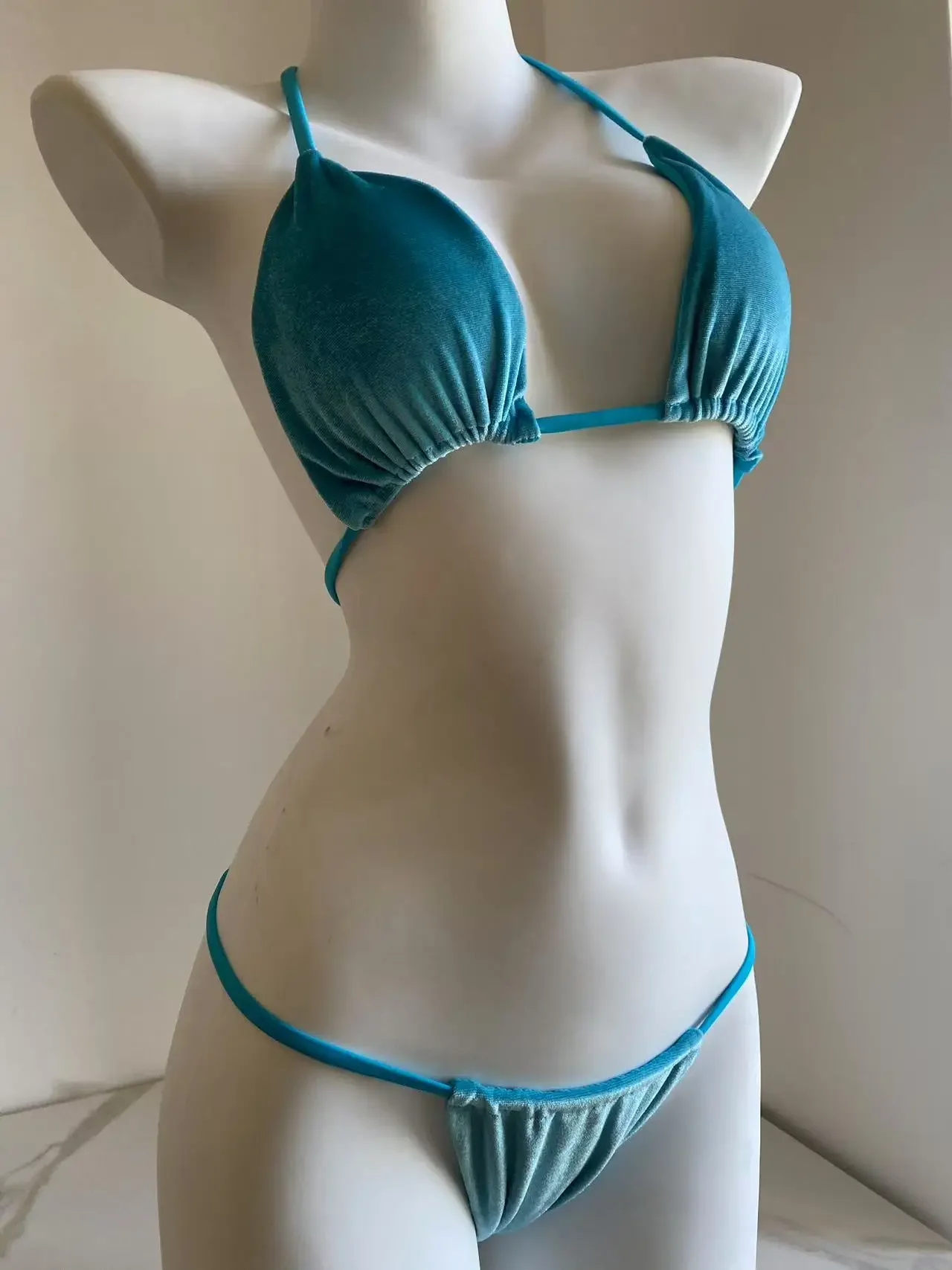 Bikini de terciopelo Sexy para Mujer, traje de baño con Tanga y cordones de color azul liso, traje de baño Bandage recortado, Micro traje de baño para playa 2025