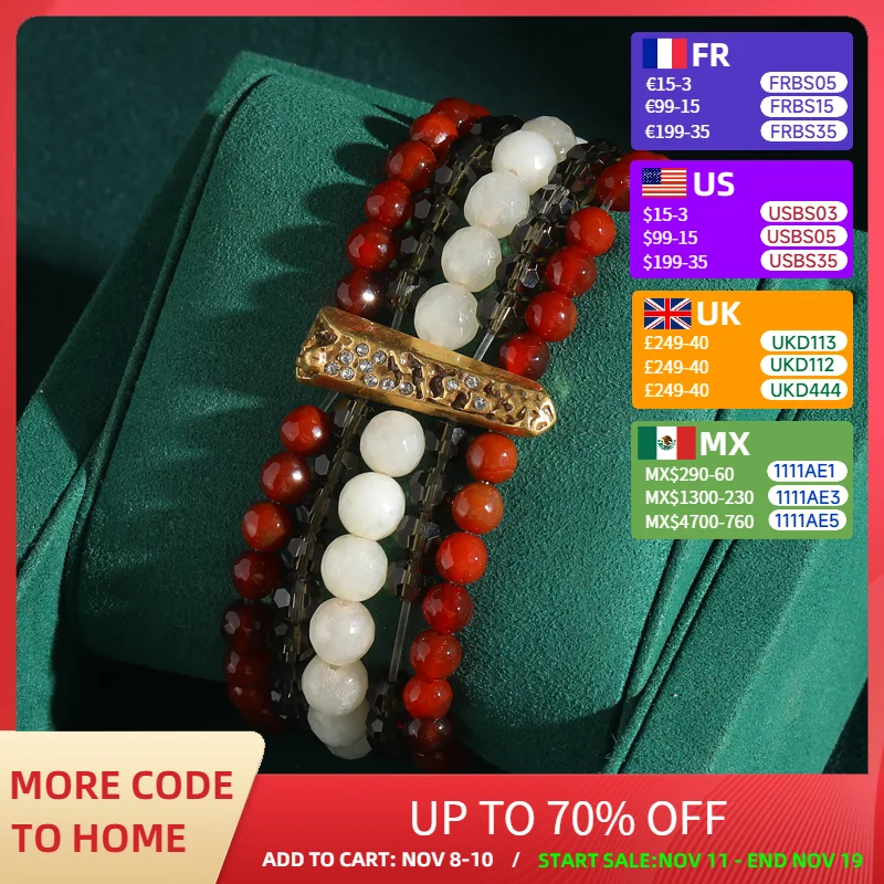 

Vintage 5 Layer Red Glass Black White Beads Strand Bracelets Antique Jewelry Gold Color Rhinestones Crystal Charm for Women