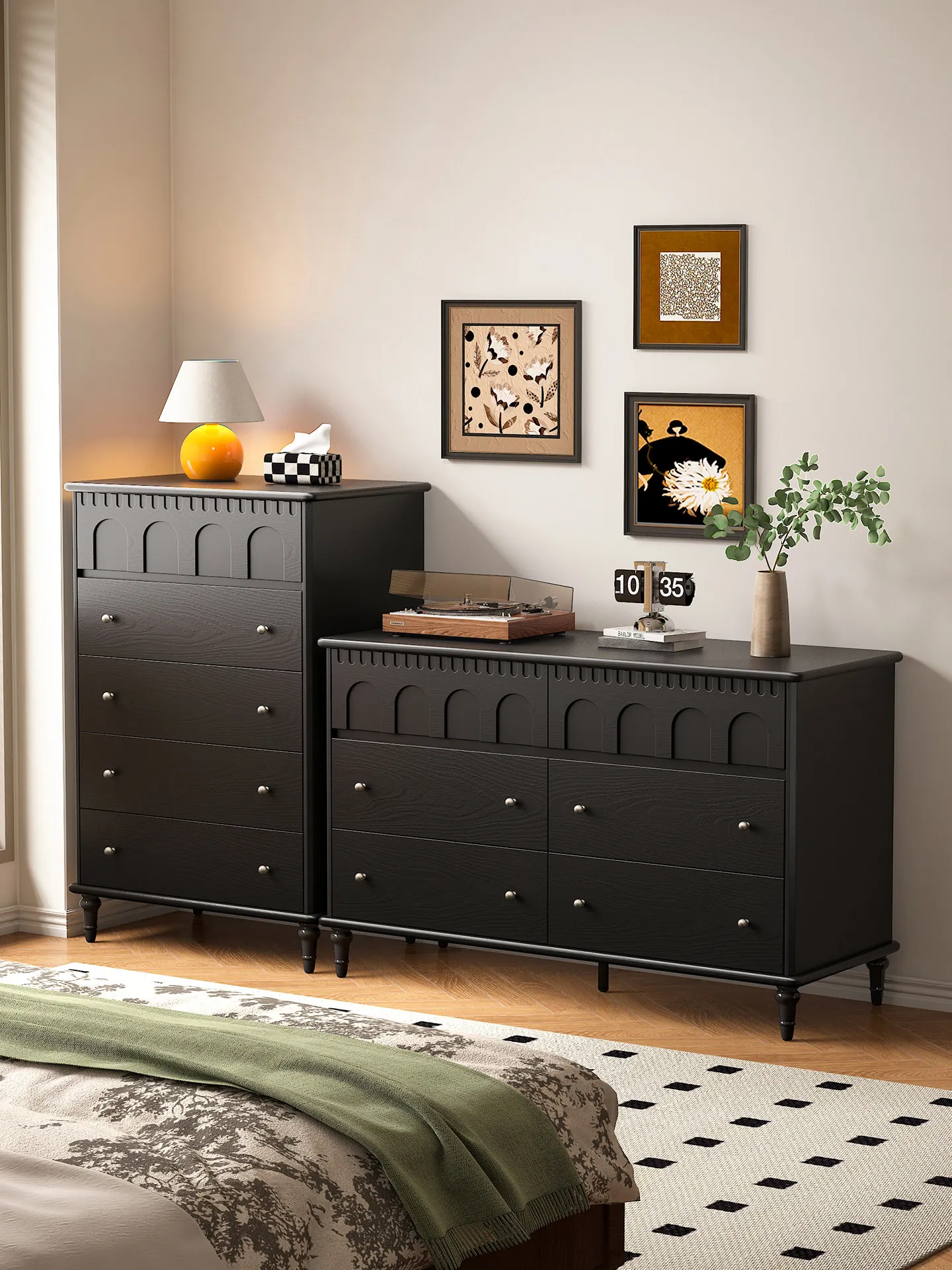 

Master bedroom storage, living room against the wall, bedside storage cabinet, next to the sofa