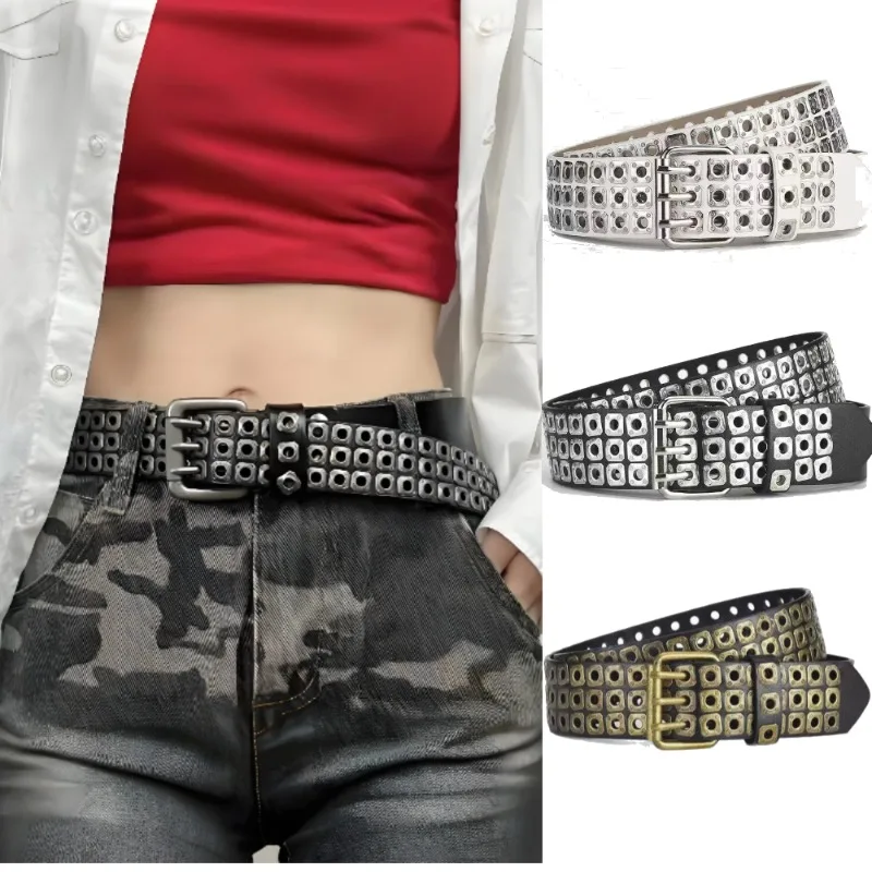  Unisex square bead studded three-row eyelet punk style PU belt Square Beads,Willow Nails,Three Exhaust Eyes,Punk Street Cool