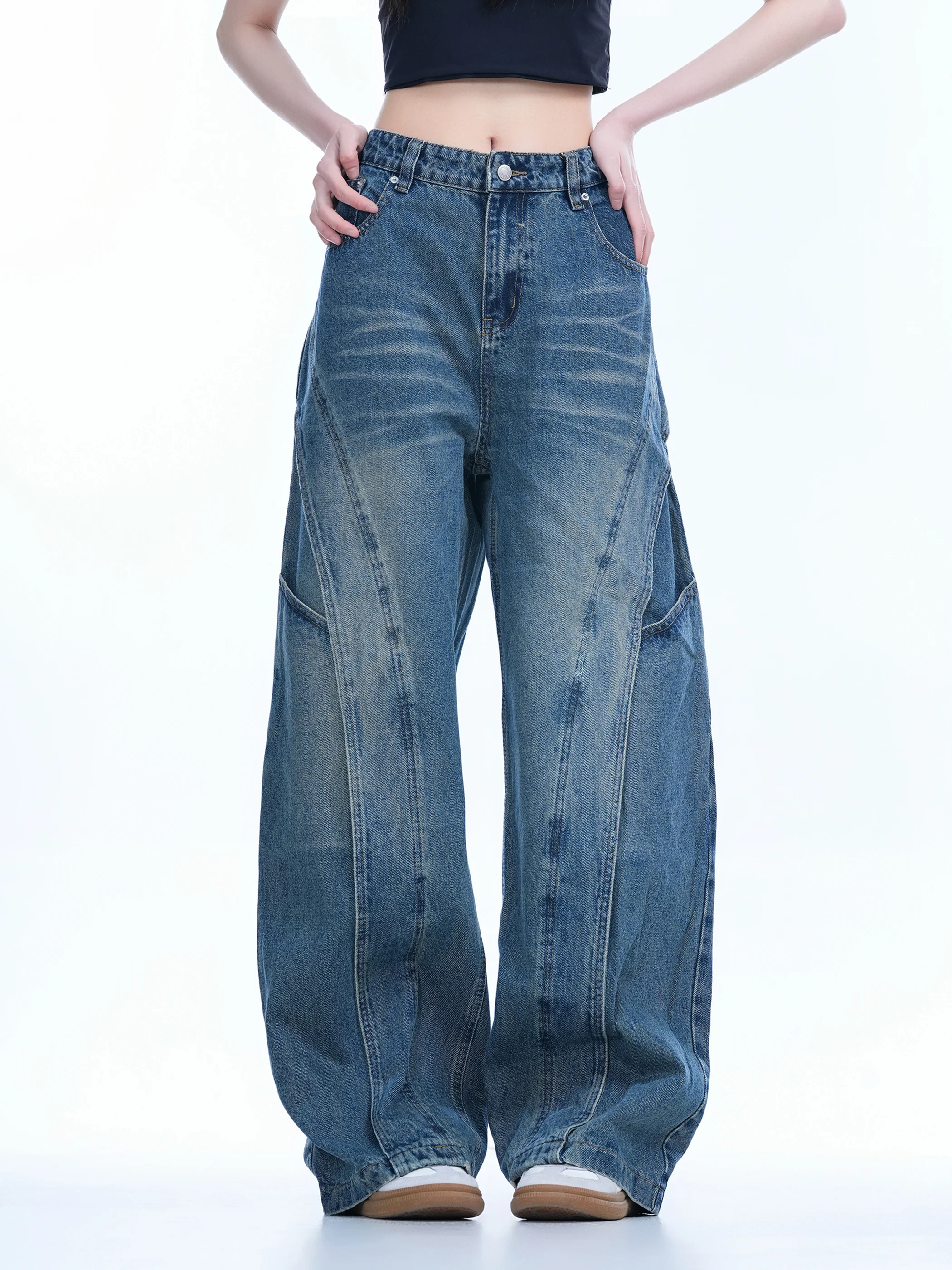 

Американские уличные джинсы в стиле пэчворк, широкие джинсы, женские свободные драпированные джинсовые брюки, джинсы с высокой талией и застежкой-молнией