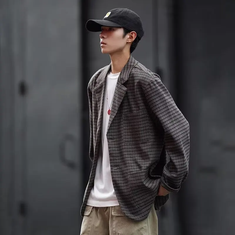 Casual Blazers Men Mature Baggy Plaid Coats Vintage Ulzzang Handsome Autumn Streetwear Literary All-match Classic Ropa Hombre