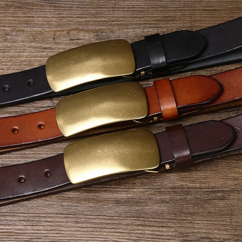 Vintage Korean Style Thick Full Grain Leather Belt for Men – Smooth Brass Buckle, Vintage Korean Style 3.3cm/3.7cm Width