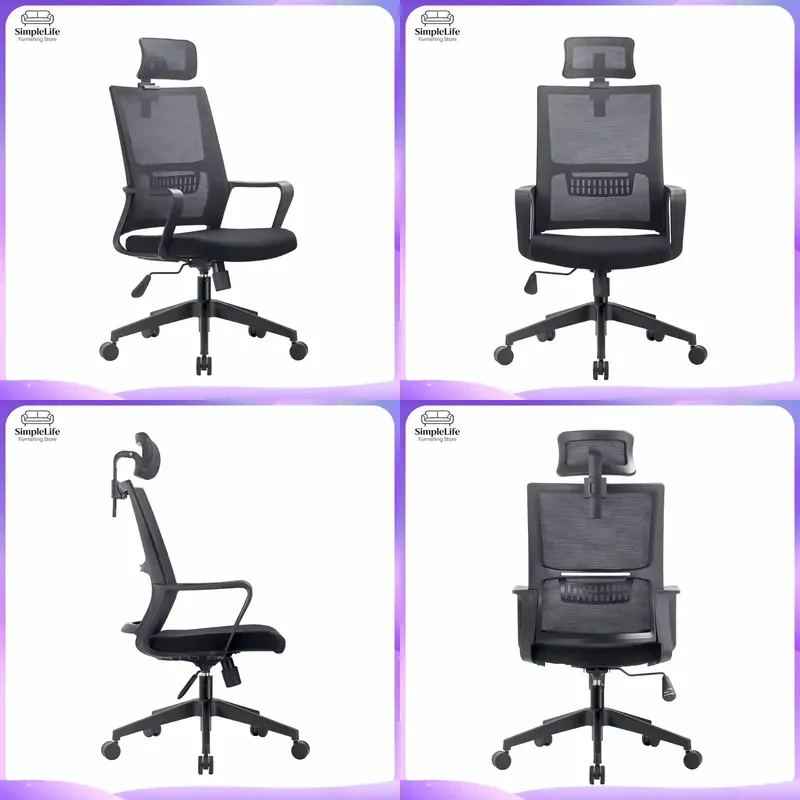 Cadeira de Escritório Ergonômica com Tela Respirável, Apoio de Cabeça Ajustável, Suporte Lombar e Assento Giratório Acolchoado para Casa/Escritório