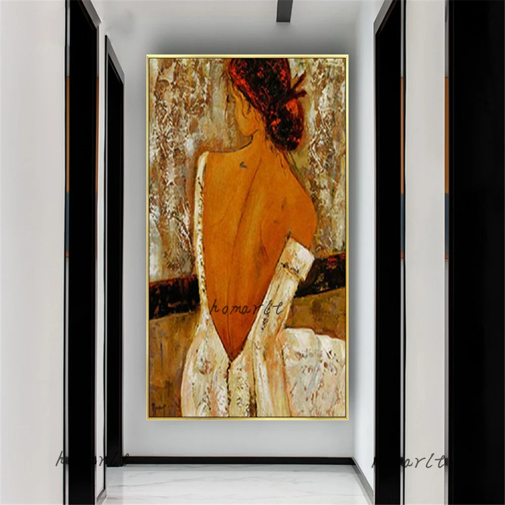Brown Retro Beautiful Girl Oil Painting Wall Mural Sex Women Back Naked Dressing for Bedroom Bar Decor view 5