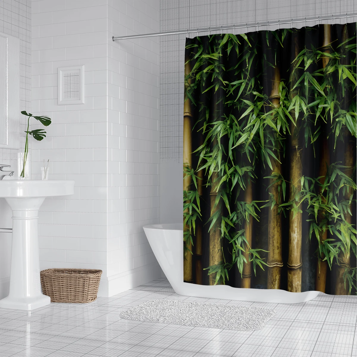 1PC Rural Bamboo Forest Series Shower Curtain,3D Embossed Washable Waterproof Shower Curtain,12 hooks,Family Bathroom Decoration