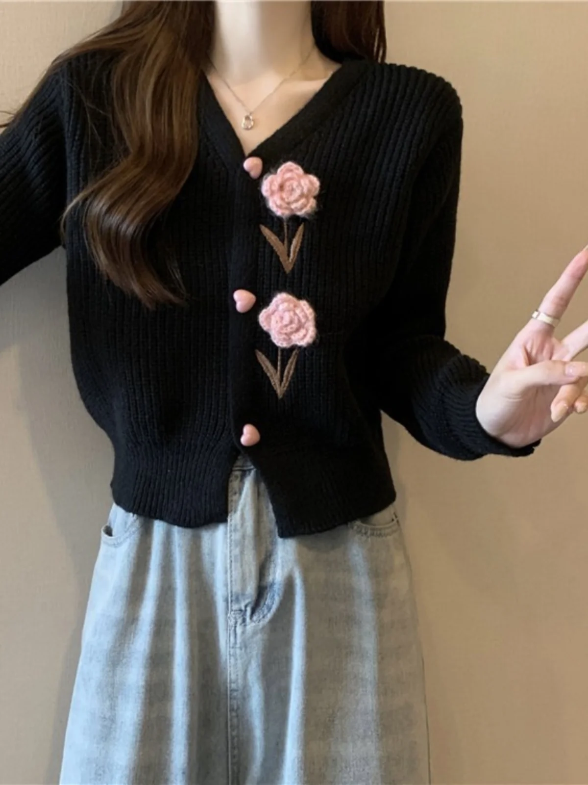

Ele Вязаный кардиган с вышитым цветком V-Ne, женский весенне-осенний свитер с застежкой на талии, базовый слой, длина до плеч