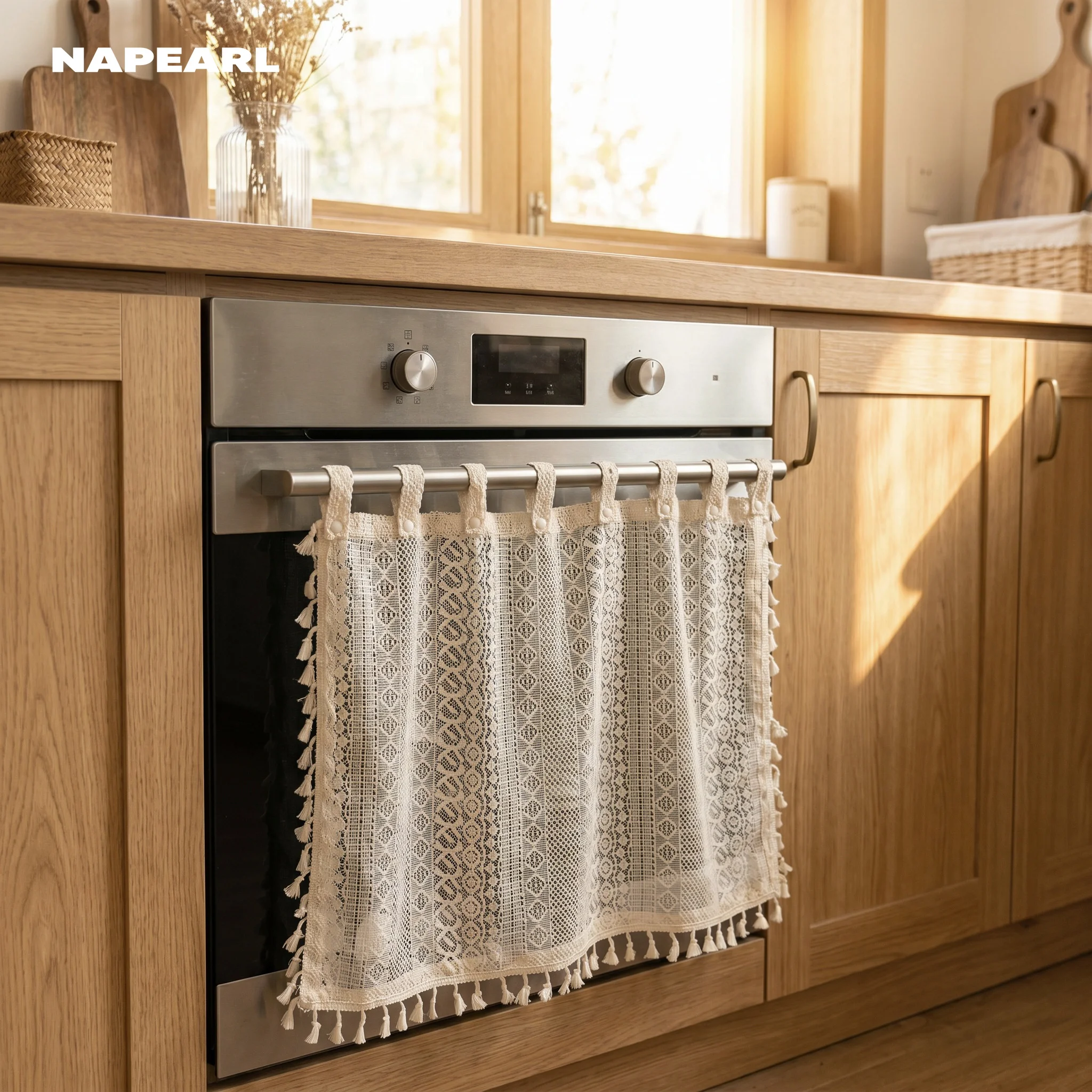 Modern Beige Tassel Short Curtain for Kitchen Lace Tier Cabinet Oven Valance Coffee Shop Small Window Blinds Home Decor