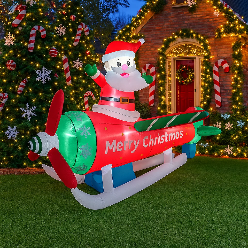 8.9FT Christmas Outdoor Party Toy Christmas Decorations Inflatable Santa Claus Airplane Toys Home Yard Ornaments with LED Decor