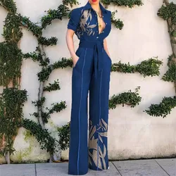 Spring Summer Fashion Printed Short Sleeved Women Jumpsuit Fashion Slim Fit Lace Up Blue Elegant Female Office Wide Leg Jumpsuit