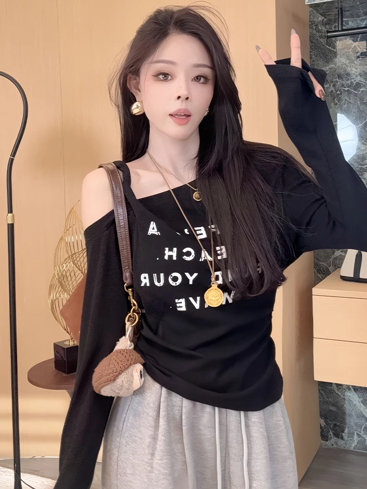 

Комплект утягивающих широких брюк с футболкой с буквенным принтом, длинный све, женский модный повседневный костюм из двух предметов