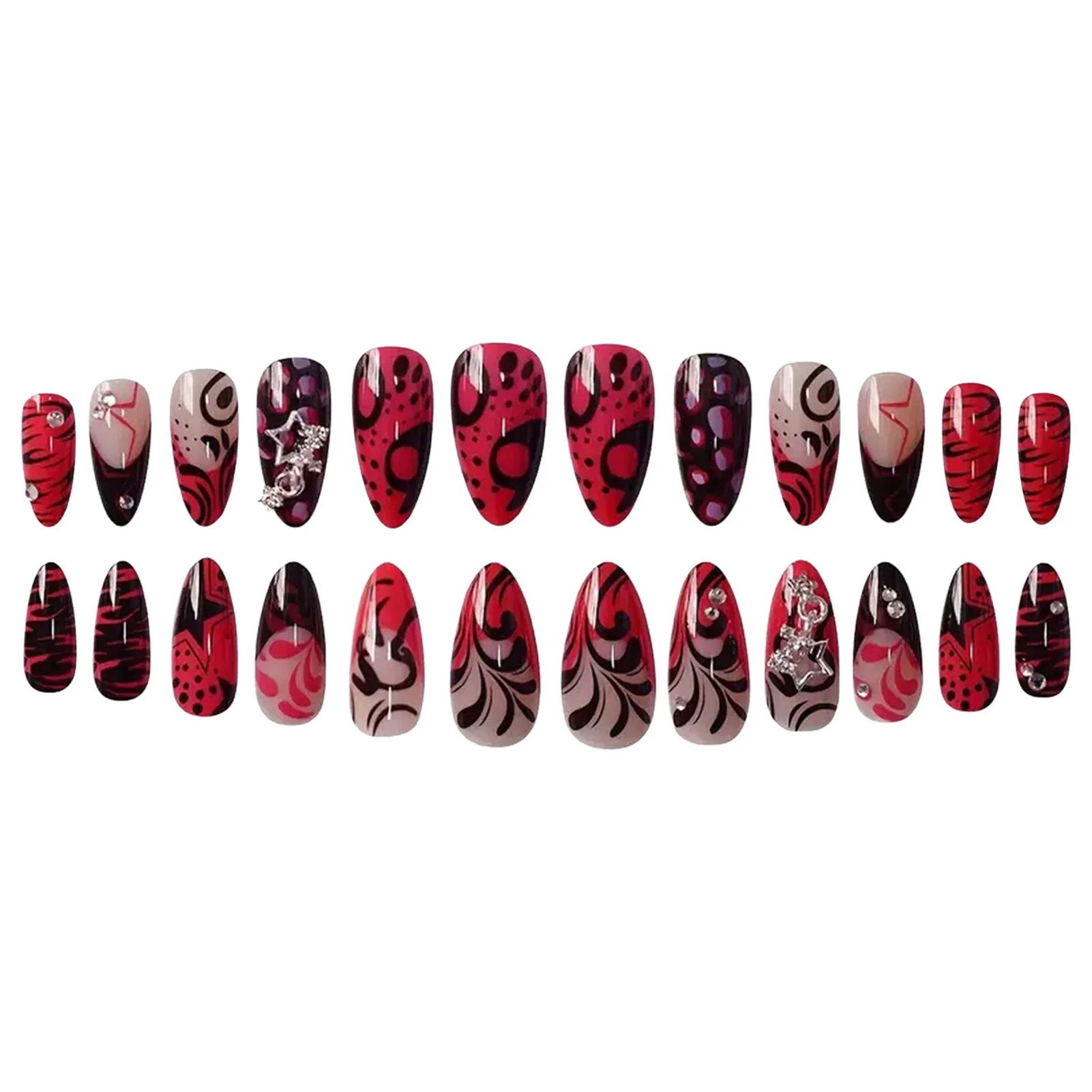 24PCS Red Black Fake Nails with Metal Star Decor Y2k Almond False Nail Tips for Women Wearable French Almond Press on Nails
