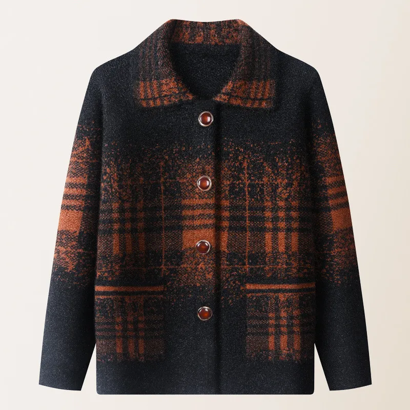 

New Plaid Winter Coat Middle-Aged Elderly Mother Thick Knitting Cardigan Sweater Top Warm Loose Woolen Jacket Women Clothing