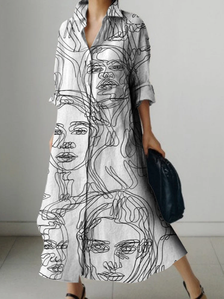 2024 Hand Painted Portrait Print Women's Long Sleeve Shirt Dresses Single Button Dresses Evening Gowns Luxury Prom Clothing