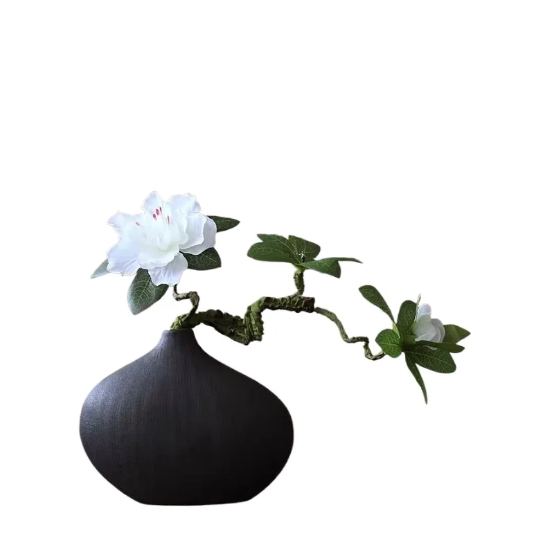 

Ceramic Vase Living Room Decoration, Nordic Aesthetic Room Decor Zen Black Vase with Simulation Green Plant Azalea Fake Flowers