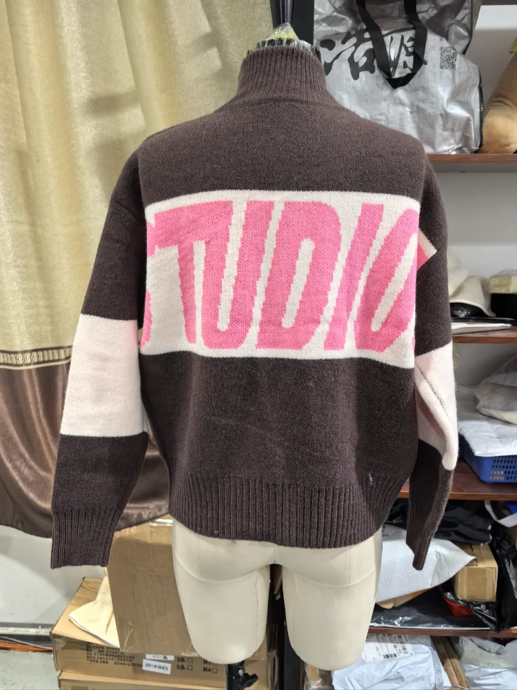 Herbst Vintage Strick-Kurzpullover für Damen, Schicker Doppelreißverschluss Hochkragen Patchwork-Cardigan, Neuer Pendler-Streetwear-Stil – Detail 7
