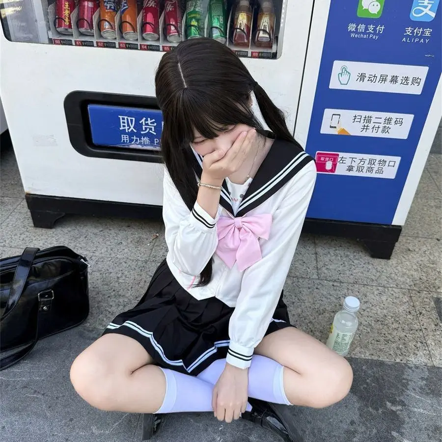 Set di abiti da marinaio carino giapponese e coreano, autentico uniforme da studente, stile college, modello gatto femminile, colore bianco e nero opzionale