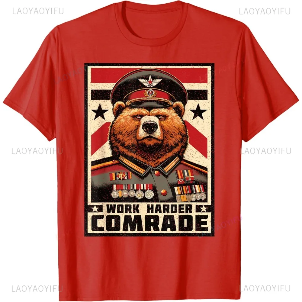 Soviet Bear Work Harder Comrade CCCP Retro Funny T-Shirt Casual Fashion Loose Man Tshirt Short Sleeve Cotton Breathe Streetwear