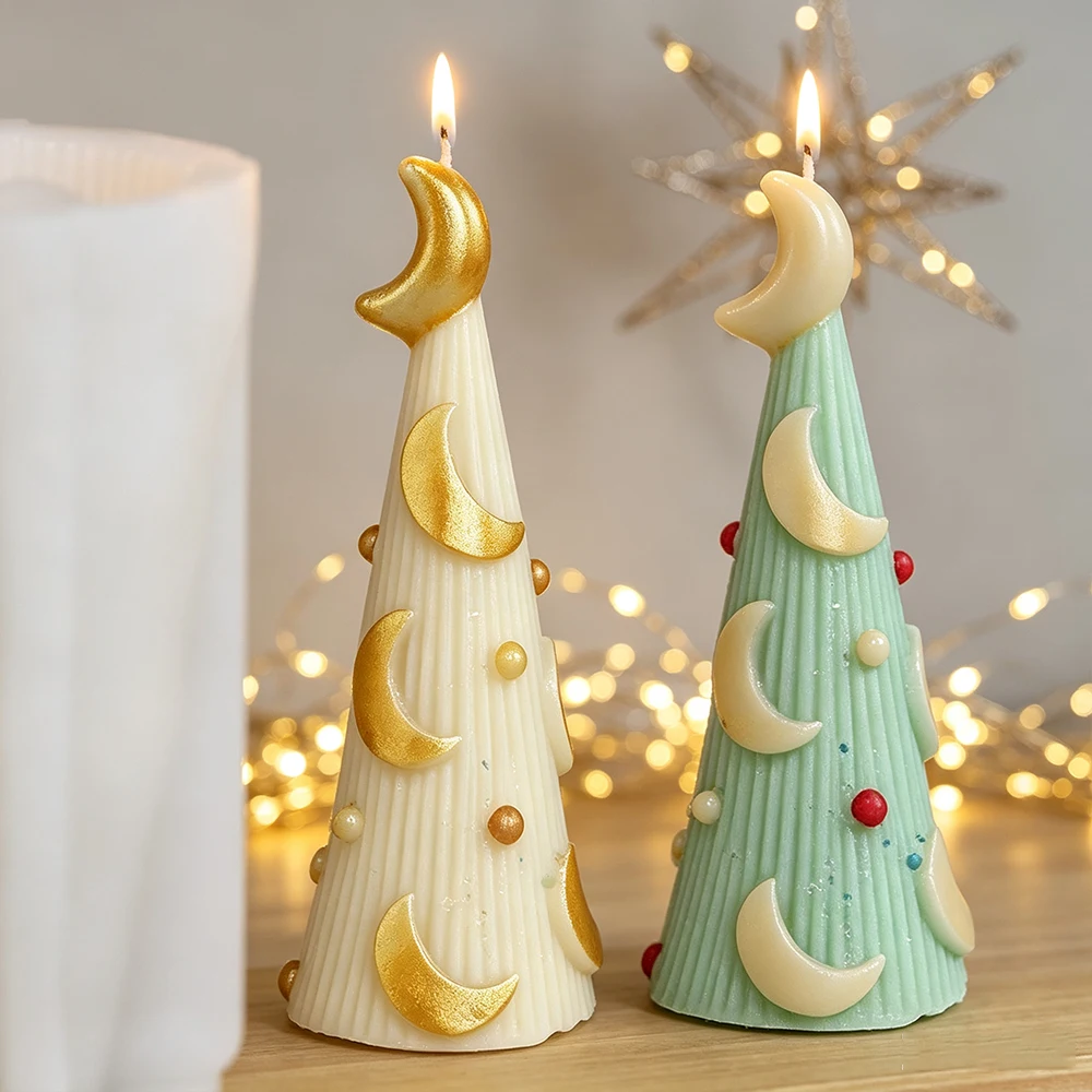 Striped Moon Christmas Tree Silicone Candle Mold Xmas Tree Mould for DIY Candle Soap Resin Plaster Holiday Home Table Decor