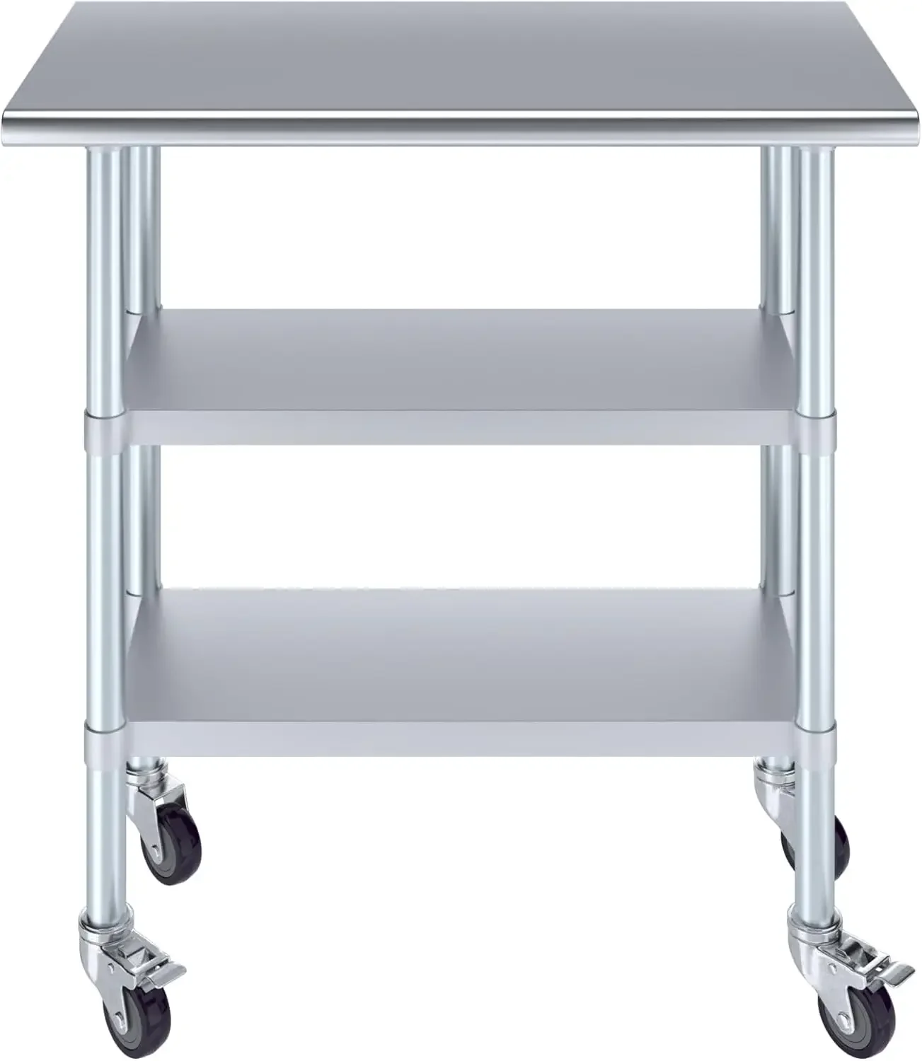 Stainless Steel Work Table with 2 Shelves and Casters | Metal Utility Table On Wheels (Stainless Steel Work Table with 2 Shelves