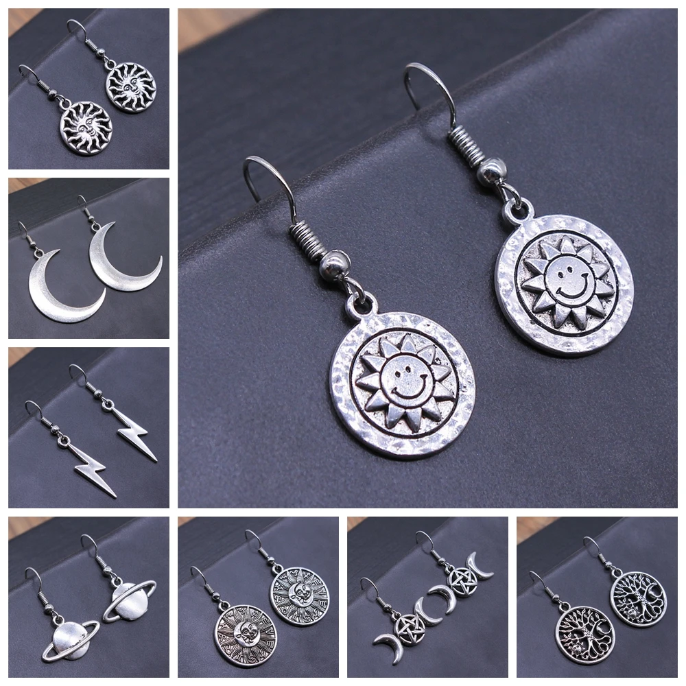 Vintage Totem Earring Sun & Moon Dangle Earrings Geometric Women Dangle Earrings Star Moon Female Korean Jewelry